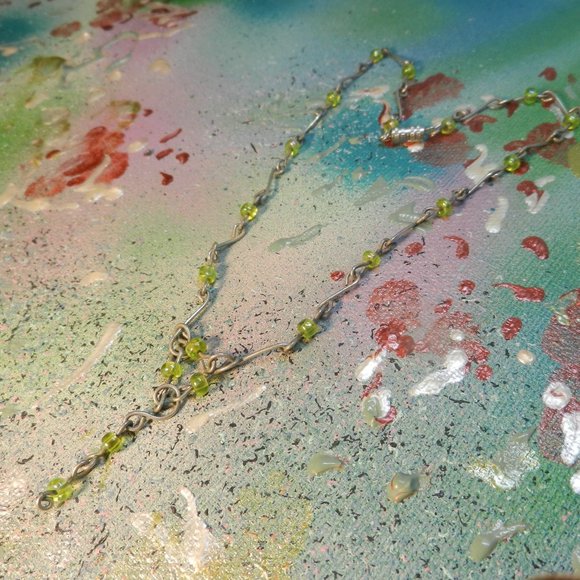 VTG Hand Crafted pendant necklace OOAK green pewtertone lariat bolo silver chain - Picture 5 of 9